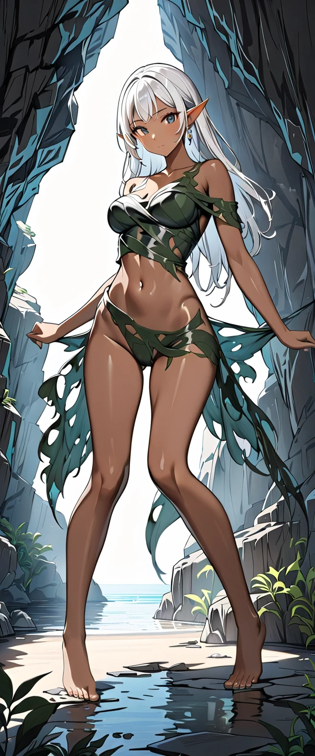 Create an image of the most stunningly gorgeous beautiful perfect sexy elf, absolutely gorgeous face, long luscious eyelashes, black eyeliner, curved eyebrows, perfect makeup, lipstick, perfect complexion, beautiful silky smooth skin, long luscious platinum blonde hair, detailed sapphire eyes, beautiful hour glass body figure, smiling, sexy leaf armor , full body view,