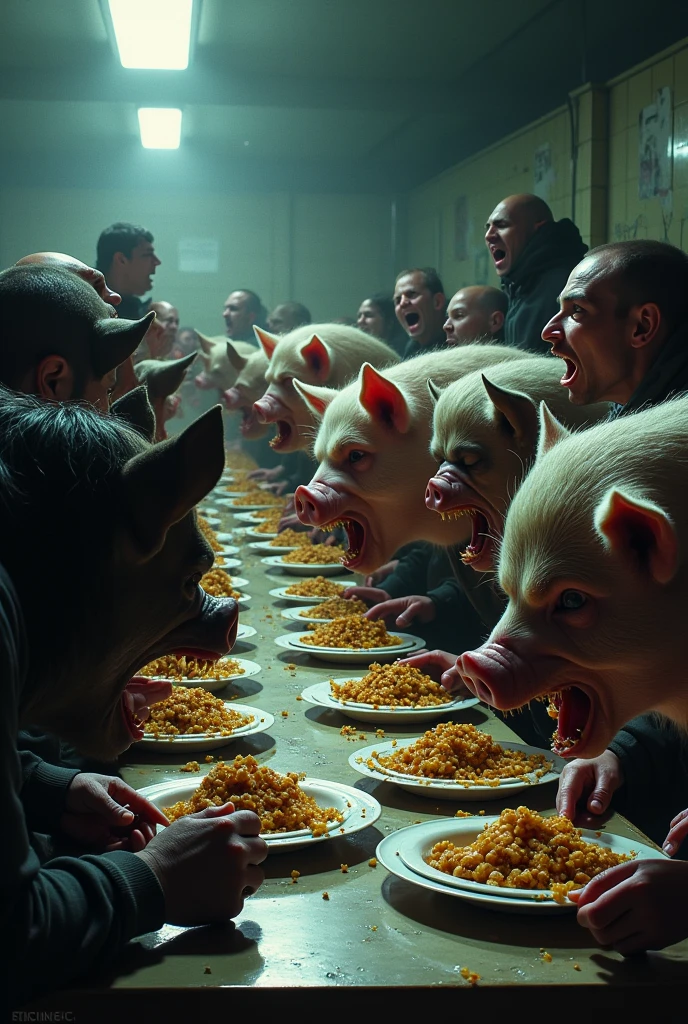 A group of pigs and humans sitting at a table, laughing and toasting, while the farm animals watch them with sad and confused looks.