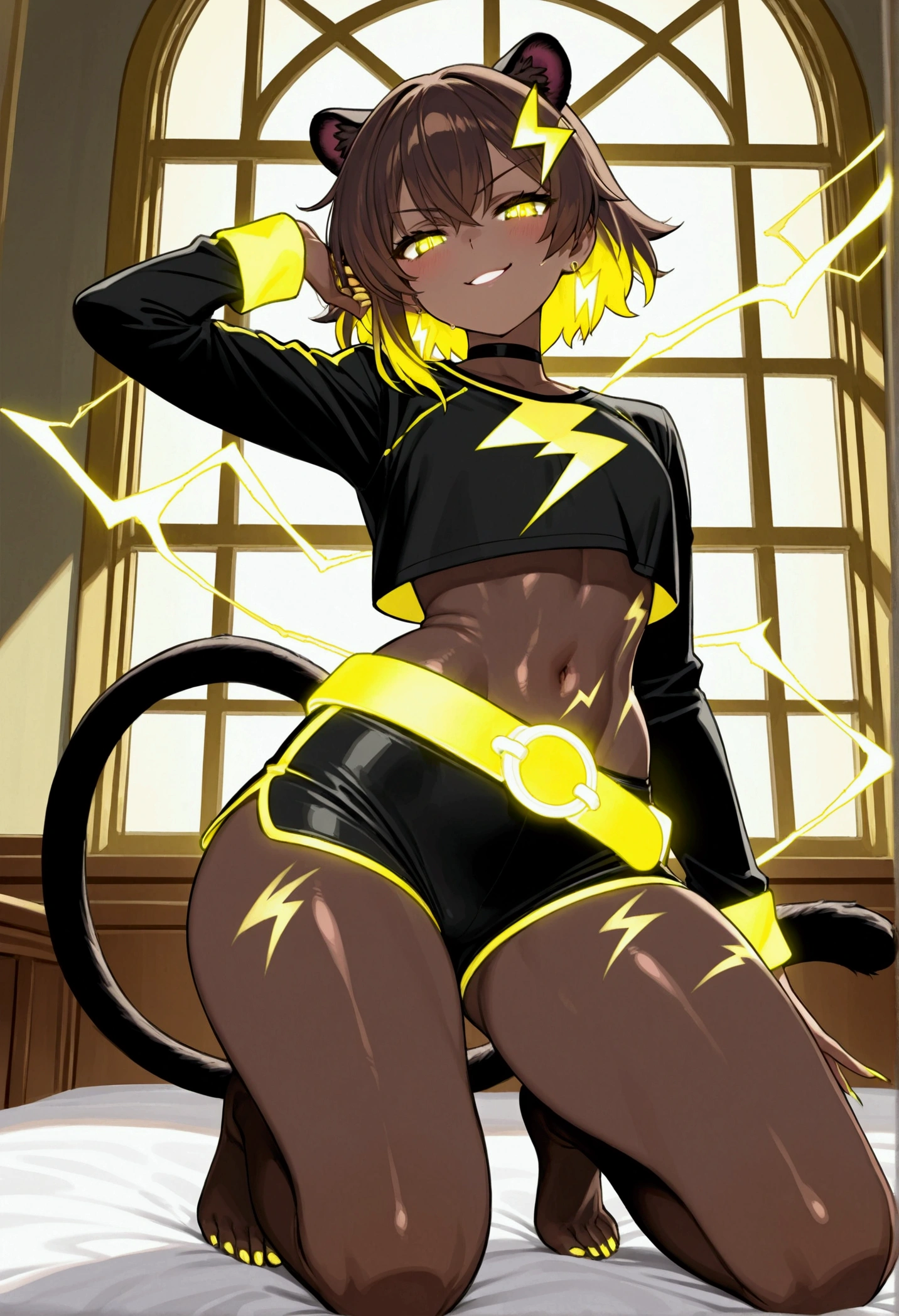 super deformed chibi small black woman with HUGE tits wearing latex catsuit erotic pose on a white and black backgound