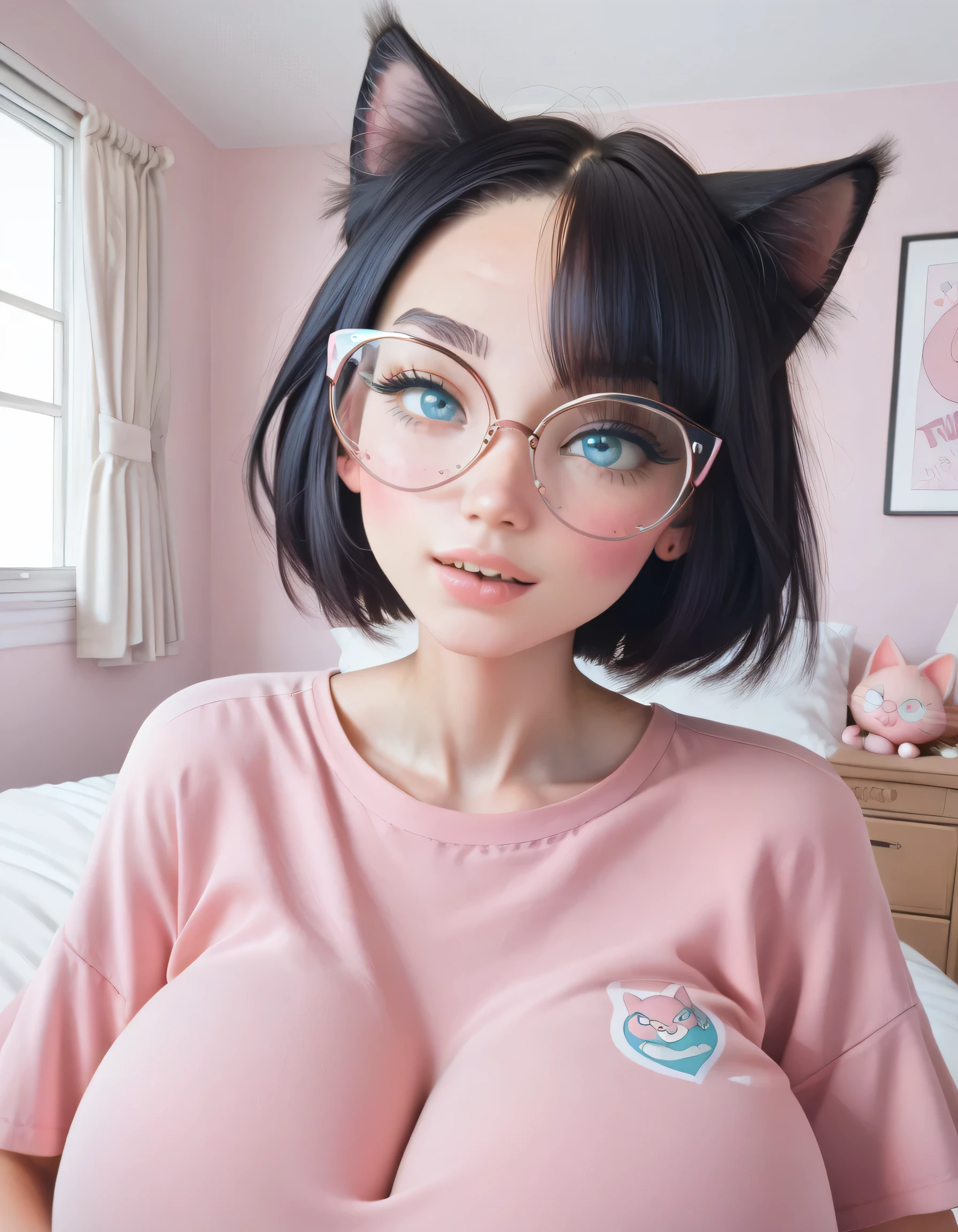 Hd, high quality, black hair, (high quality faces), adorable teenage schoolgirl, slim, (((black oversized cat-eye glasses))), (((huge breasts))), pink and white bodysuit, expressive blue eyes, bedroom