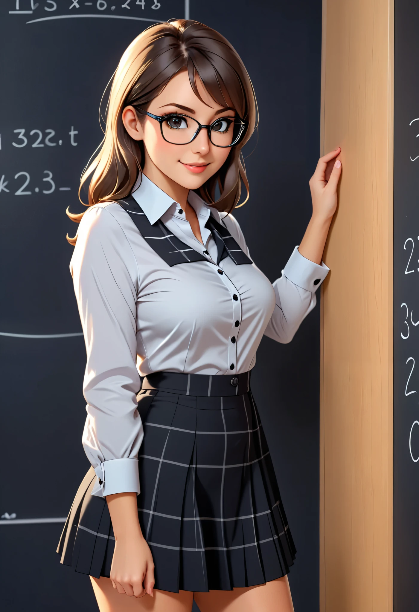 Cute young teacher standing at the blackboard, wearing a minidress and blouse, shot from below, leaning forward, bare thighs, popular teacher, high quality, 8k, warm, unbuttoned, glasses