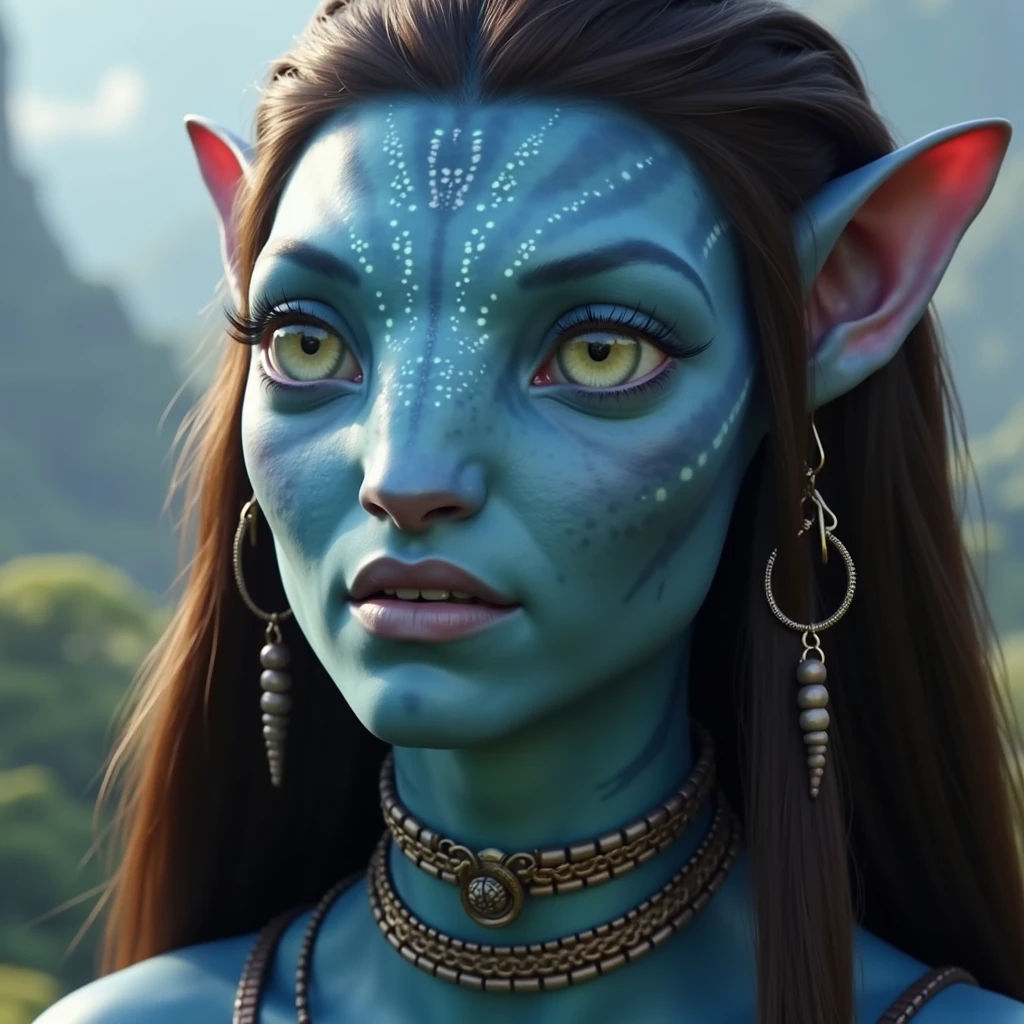 na'vi, na'vi race, avatar, pale teal blue skin, dark brown hair, blue eyes, straight brown hair with curtain bangs, long bangs