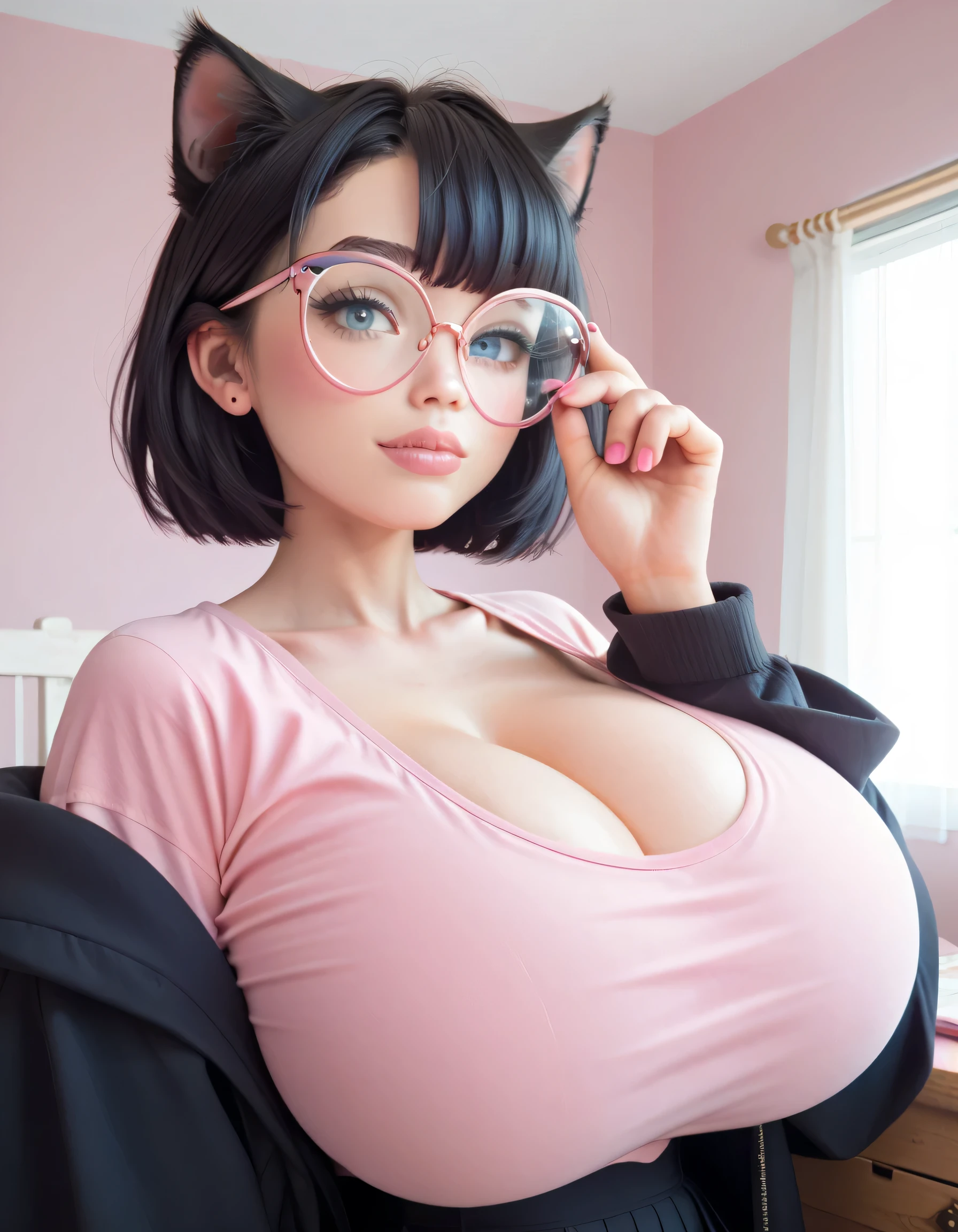 Hd, high quality, black hair, (high quality faces), adorable teenage schoolgirl, (((black oversized cat-eye glasses))), (((huge breasts))), pink and white bodysuit, expressive blue eyes, bedroom