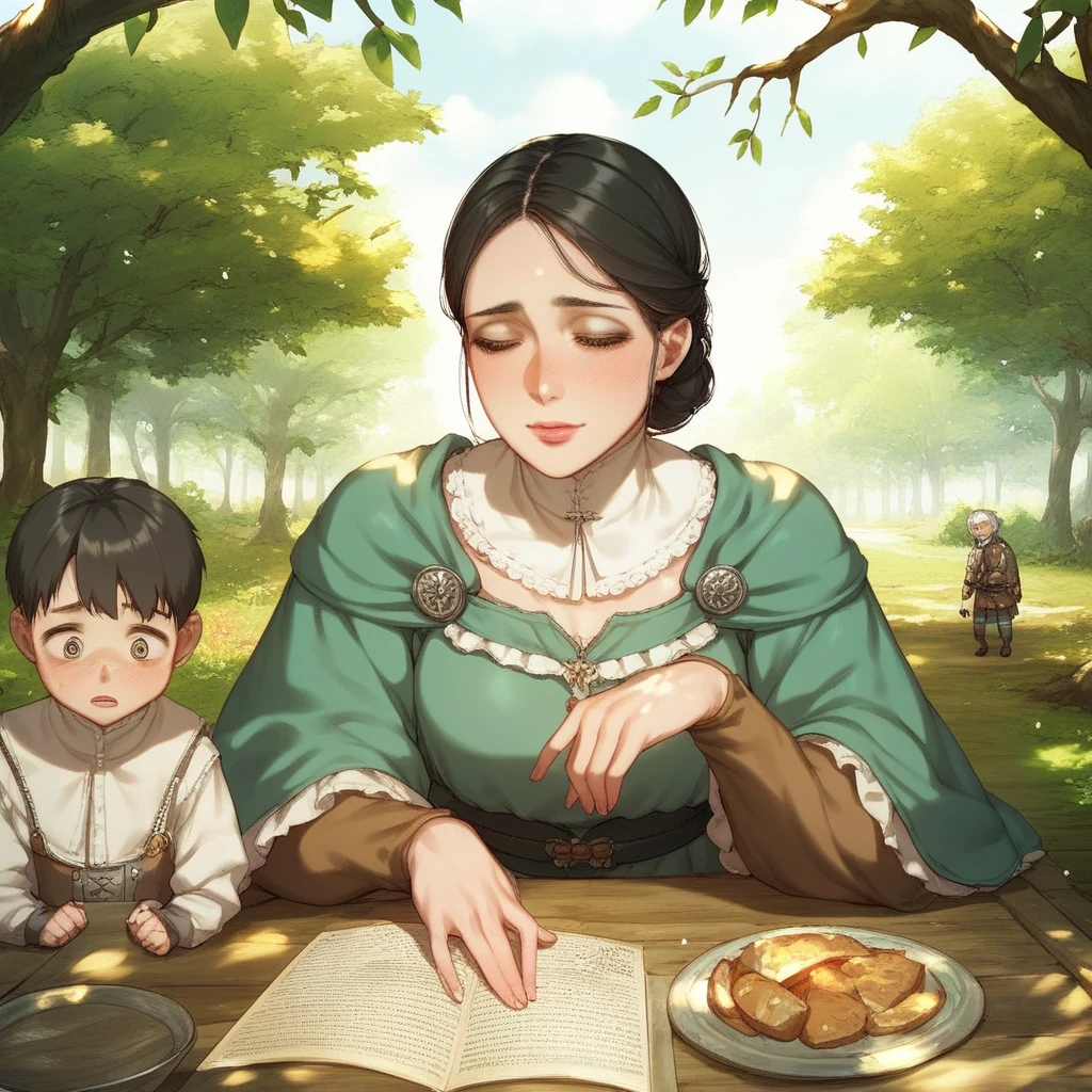 anime style image, MEDIEVAL SCENE, numa tarde de sol,  in a cozy house in the middle of the forest , A family, A young 18-year-old black-haired boy,  his mother an elegant blond 40-year-old woman and her 20-year-old sister are at the table
