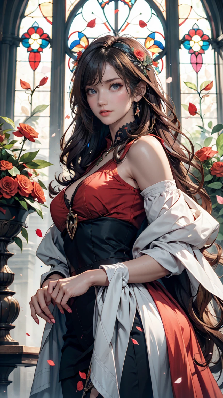 24 year old Caucasian female、Red hair、Inner Color((colored inner hair))、Triple tail((tri tails))、Gradient color hairstyle ((gradient hair))、Long eyelashes((longeyelashes))、Wear an evening dress、Updo hairstyle、tiara、Dinner hosted by His Majesty the King、Lavish dishes are lined up on a long table.、A luxurious palace hall