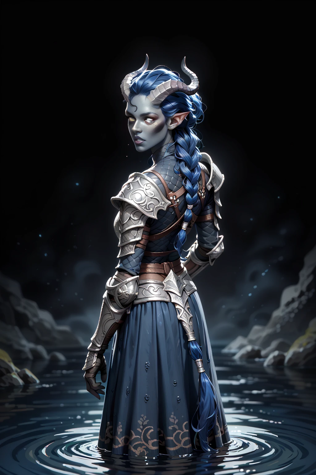 ( A sprawling cedar is growing ), standing nearby in the water  (1Тiefling ,  dark blue-gray skin :1.4),  girl  , ((( kind inquisitive face))), (small lips, interested eyes ), (30 years old) (bright blue-grey eyes, black whites of the eyes ) chainmail, gray-black armor ,   Protection on a thick blue tail, long, ((((очень толстый long хвост сзади)))),  (( dynamic posture looks back from behind.  stands half a turn , face visible)) , ( dark grey straight short horns), (( long dark blue hair )) ,  ( top quality,  masterpiece fails,   in the highest detail ) ,  fantasy background. blue tones, Dark tones,  fantasy background.  Clear water. scale,  Dark colors , dark shades,  muted colors. (( view from above )).  muted colors. 