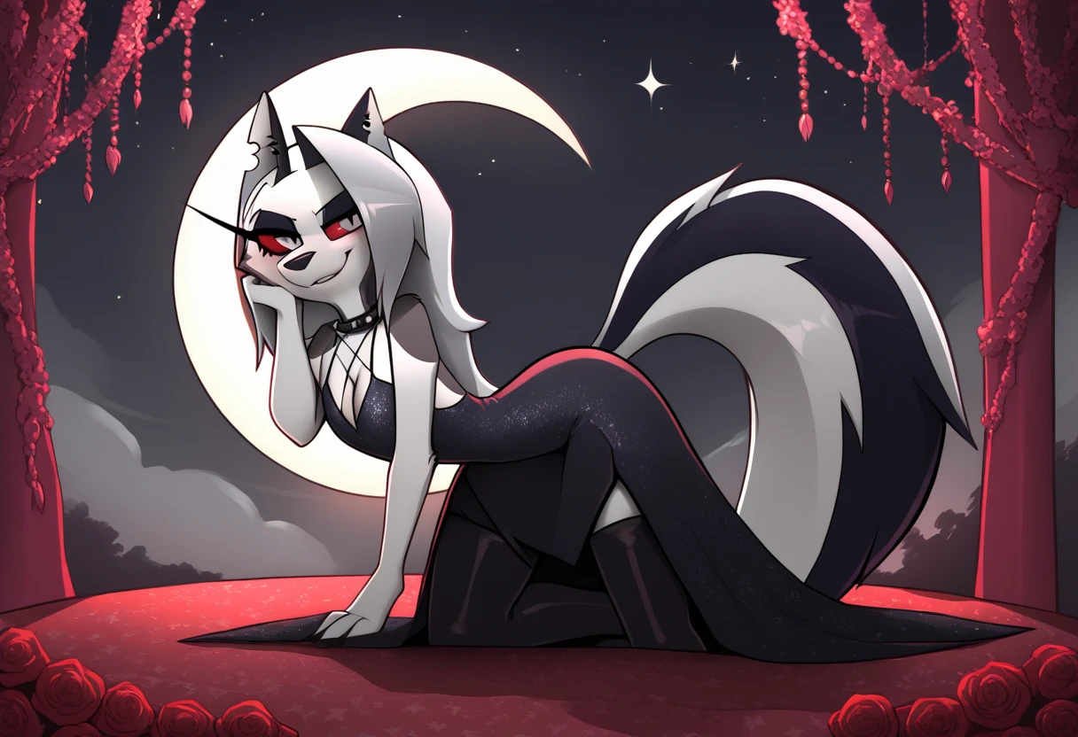 Loona (Helluva Boss), hellhound, red sclera, elegant and alluring, wearing a sleek, form-fitting black dress with subtle shimmering details and a high slit on one side, paired with thigh-high boots. She stands confidently under a crescent moon in a serene forest at night, surrounded by twinkling stars. Her seductive gaze and confident smile are captivating, with her long eyelashes and flowing tail adding to her charm. A gentle breeze moves her fur slightly, highlighting her silver earrings. Her hands rest gracefully on her hips, radiating poise and allure. The vibrant colors and cinematic lighting create a striking and detailed scene.