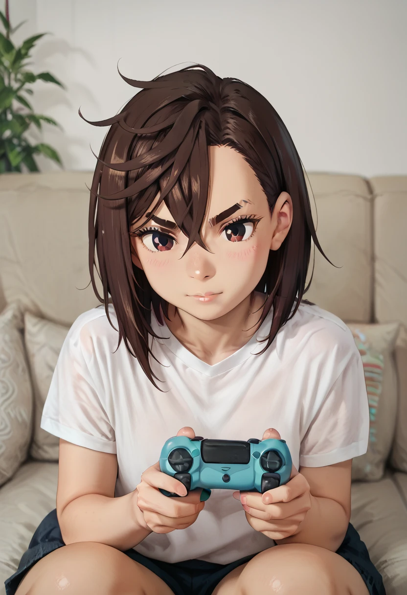  Momo Ayase: KYOMOMO,  brown hair ,  brown eyes , medium hair,  hair between the eyes , thick eyebrows, toys,, playing video games on the couch, 