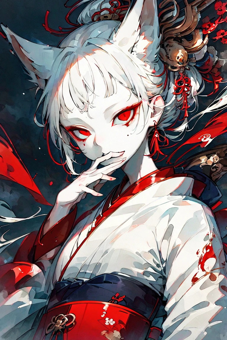  Masterpiece,   maximum resolution  ,  top quality ,  detailing ,  , art, Watercolor style,   Japanese yogi , ((The nine-tailed fox )),  fox transformed into a human, White skin,  Small slender eyes with bright red eyeliner , Silver hair, Long hair,  fox ears popping out of head ,   white and red kimono,  Cool beauty ,  holding a large fan to cover the mouth , midnight,  Traditional Japanese house behind , 4K graphics .