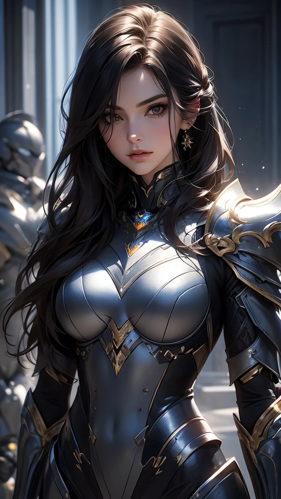 8K,Close-up of a woman in a black and white dress、Dark hair、 Human-wolf,Super beauty,(Lifelike)Blue eyes,,Chengwei Pan on Artstation、 Yang J 作、 Intricate fantasy art、Stunning character art、 Fanart Meilleure ArtStation、 Magnificent and elaborate character art、 Maid's Armor、Highly detailed artgerm、 Detailed Digital Animation Art、 ArtGerm on ArtStation Pixiv、 Girl in armor、dynamic ungle、超A high resolution、a smile、real looking skin、魅惑的、A sexy、active、