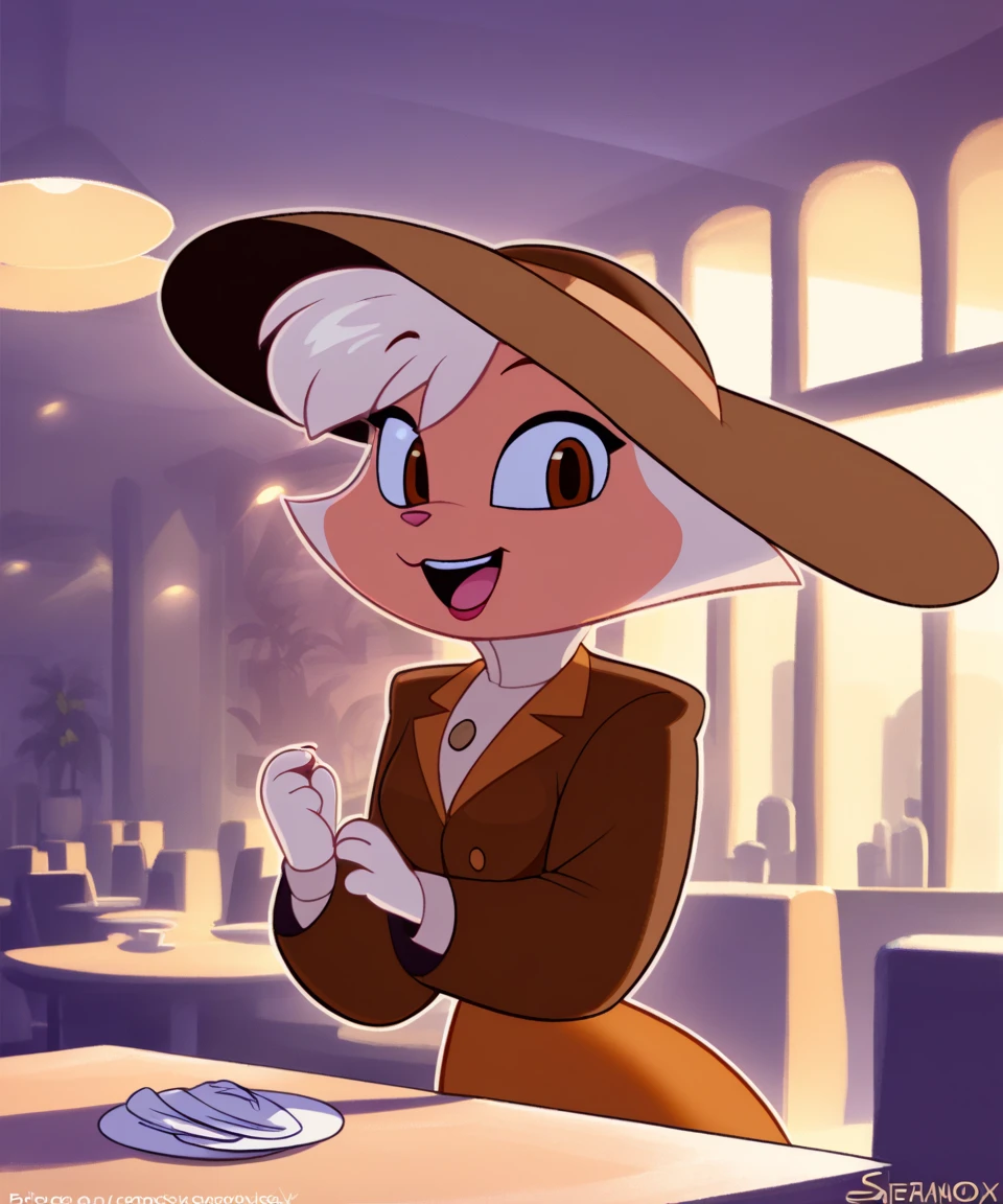 source_furry, solo, sawyer, female, brown eyes, brown suit, wide brim hat, open smile, looking at viewer, restaurant, by sssonic2,by sigma_x,by kilinah, score_9, score_8_up, score_7_up, score_6_up, score_5_up, score_4_up, arms on the table