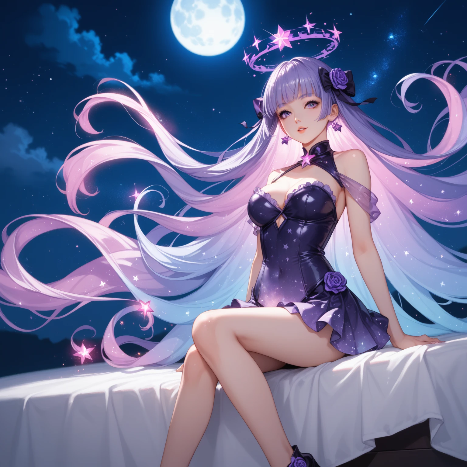 She has light and dark purple hair, medium brown skin and wears a lavender suit with a cat face on it, a golden chain necklace, two light pink fuzzy bracelets and magenta shoes with black soles. SPARKLE; GLITTER