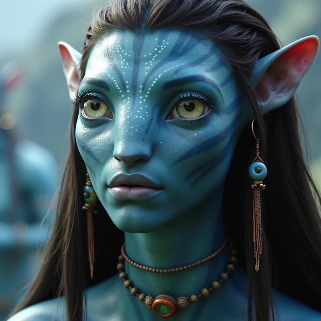 na'vi, na'vi race, avatar, pale teal blue skin, dark brown hair, blue eyes, straight brown hair with bangs, long bangs