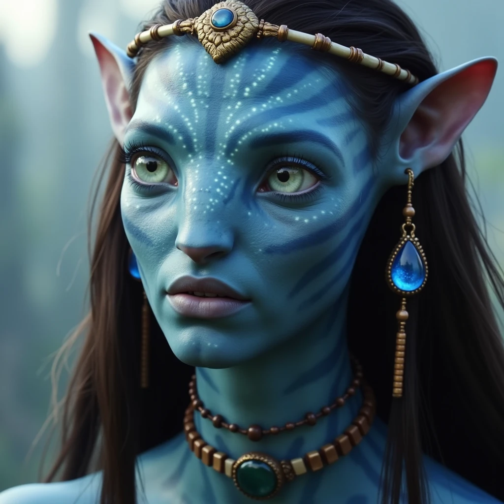 na'vi, na'vi race, avatar, pale teal blue skin, dark brown hair, blue eyes, straight brown hair with bangs, long bangs, bangs covering forehead