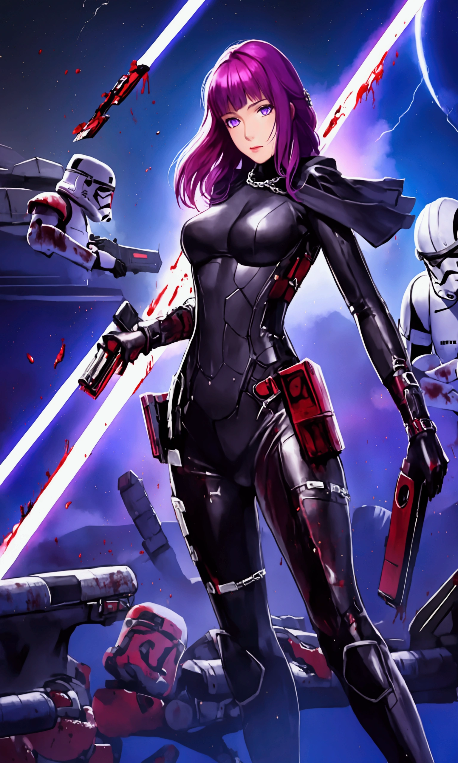 A cute woman (violet hair, violet eyes, sexy violet body suit extremely revealing, some electronic components on the suit with lit displays, laser pistol, chain sword (chain saw bladed sword makes a real bloody mess of foes)), role of space pirate captain, she is being hosted on an (star Wars) Imperial ship, she is acting sassy sexy teasing the at attention storm troopers as she sexy walks her way to the bridge, show her head to toe, show all of her
