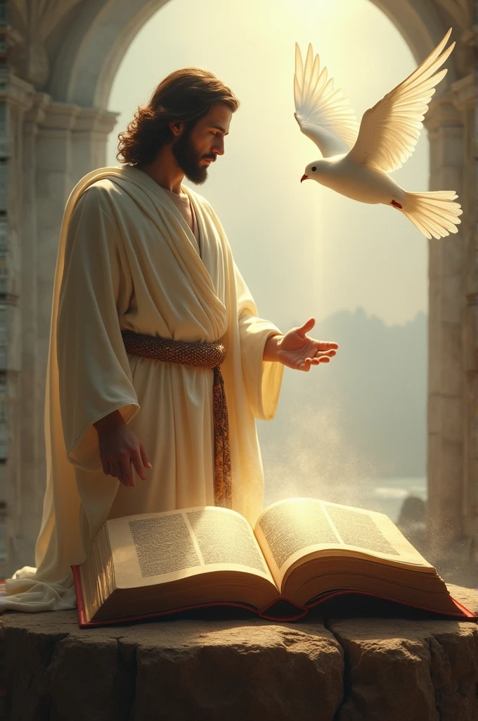 The Bible turning Jesus around with a dove 