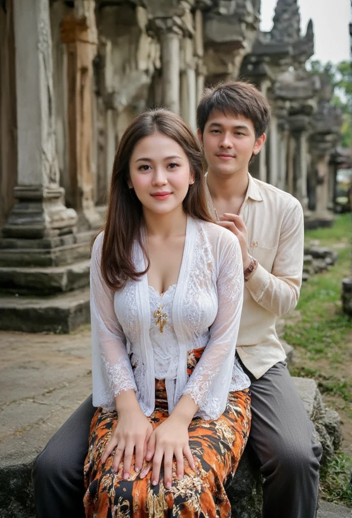 a beautiful indonesian woman, wearing white longsleeve kebaya, sitting on the rock infront of the temple as background details. Hugged by a handsome man from behind. look at the viewer, natural light realistic photography, wide angle shot,