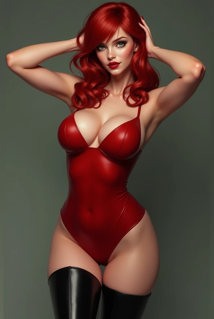 Create the image of a red-haired woman with blue eyes, large breasts, medium hair and a low-cut red outfit
