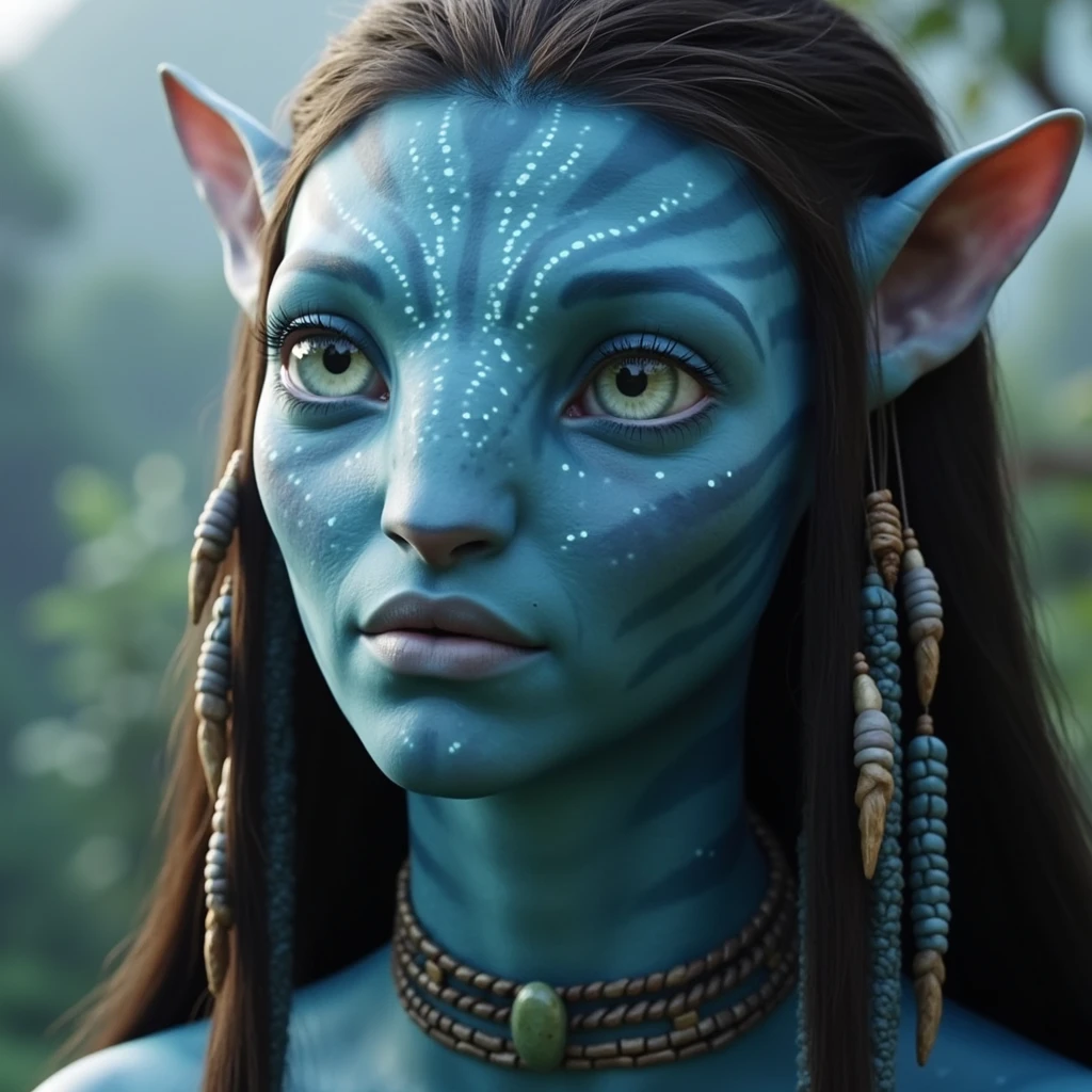 na'vi, na'vi race, avatar, pale teal blue skin, dark brown hair, blue eyes, straight brown hair with bangs, long bangs, bangs covering forehead, no eyebrows