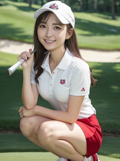 (RAW Photos:1.2), (Realistic:1.4),Beautiful detailed woman,非常にFine Eyesと顔, Fine Eyes, Very detailed,High resolution, Very detailed,highest quality,Awareness-raising,Unified,8k wallpaper,masterpiece,highest quality,1 female,alone,rich,Esbian all over,(Slightly chubby),Meaty legs,(Wearing golf wear)、(White polo shirt)、(Red culottes)、(White knee-high socks)、(White Golf Shoes)、jewelry, necklace ,short hair,A kind smile,A dignified atmosphere,black eye,Realistic,Golf course , (Morning golf course:1.1),(Sitting on the green:1.4)、Green grass、On the green、Very wide fairway at the back、blue sky、A tall cedar tree can be seen in the background.