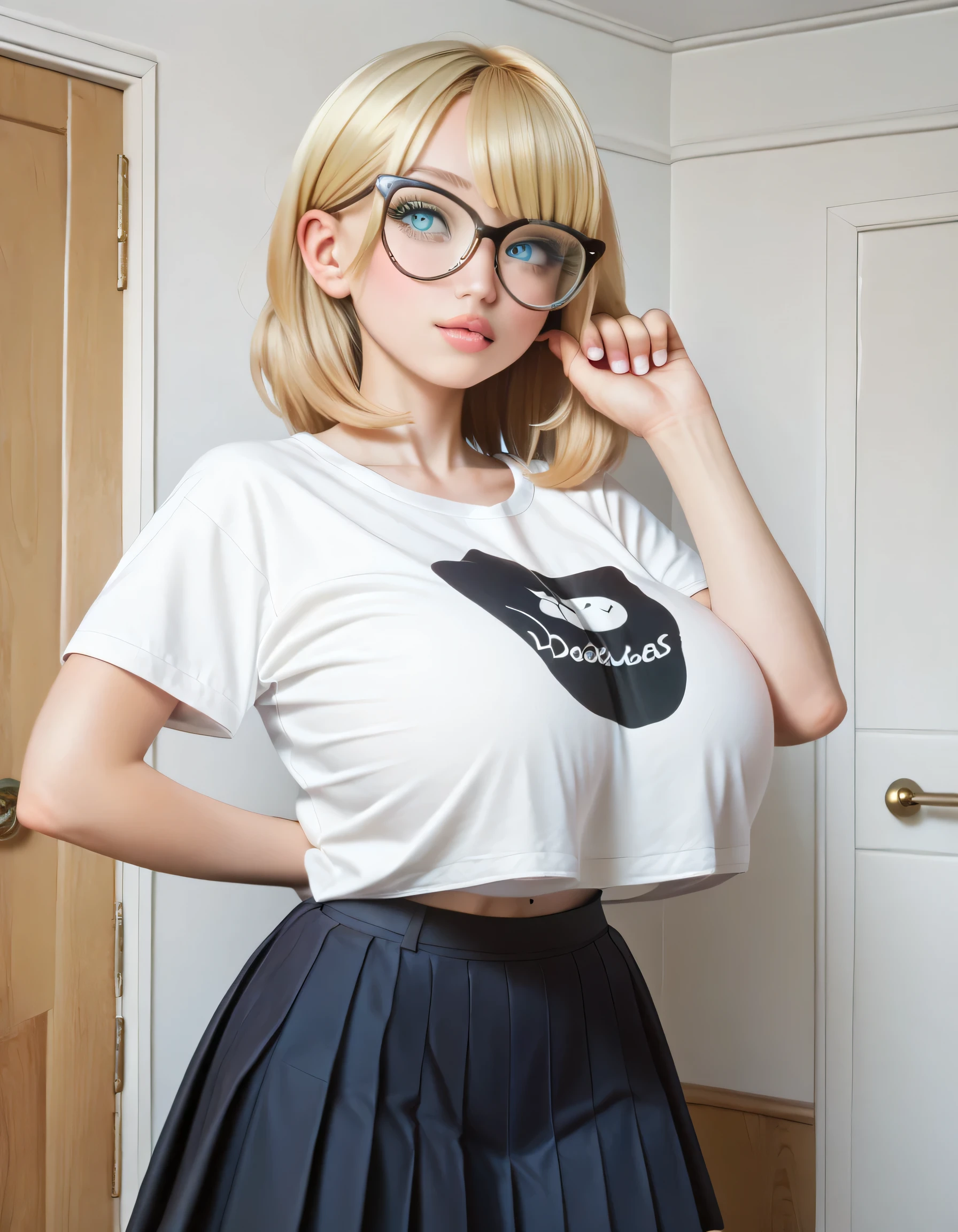 Hd, high quality, blonde bangs, (high quality faces), adorable teenage schoolgirl, slim, (((black oversized cat-eye glasses))), (((huge breasts))), white t-shirt, skirt, expressive blue eyes, bedroom