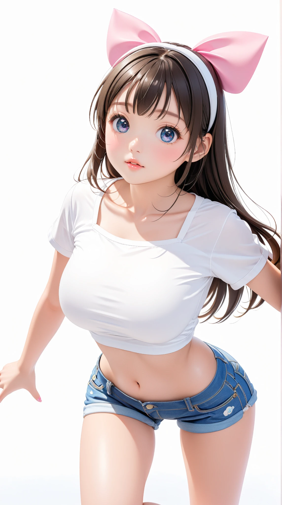 cute girl . Very kawaii , round face . alone , Slim , huge breasts , short and small . shiny skin . Pure white tube top T-shirt . shorts . dynamic poses . dynamic angle . No background , White background , looking at the audience