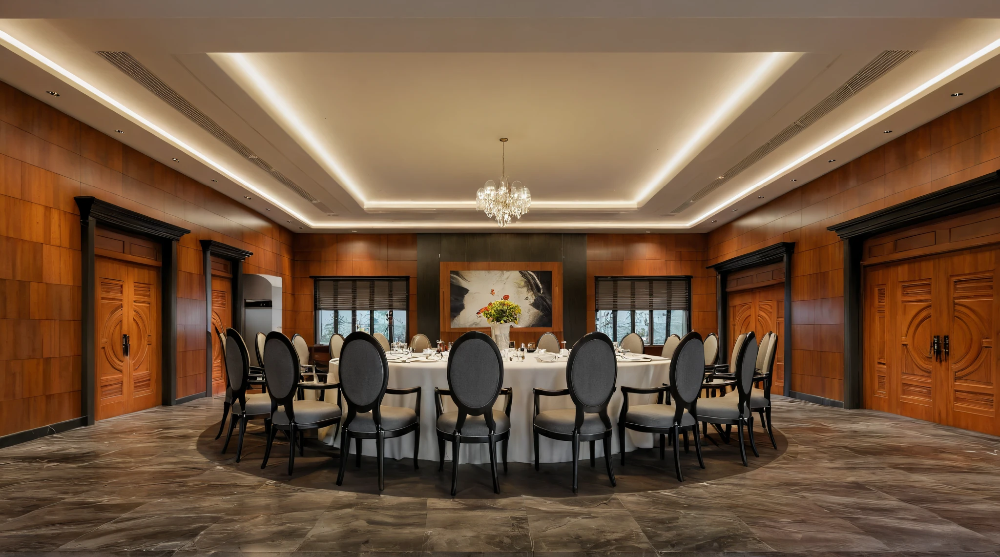 Raw photo,Masterpiece, high quality, best quality, authentic, super detail, interior, indoors, Neoclassical style restaurant, wood paneled walls, neoclassical chairs minimalist line, daylight, aiaigroup