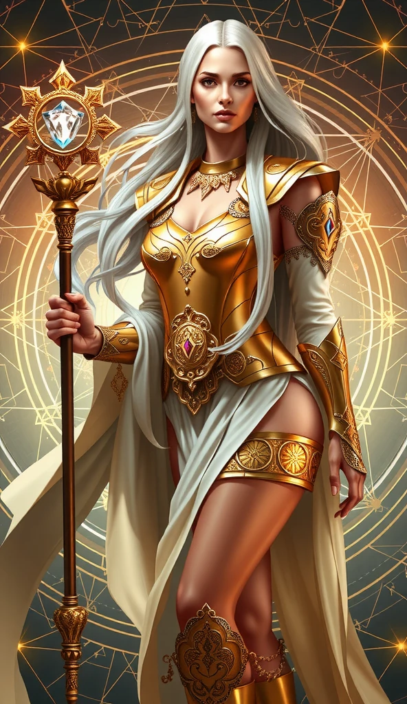 beautiful sexy woman, With little gold armor,  related to sacred geometry, color oro, Sacred geometry background , long platinum hair, full body,  holding a power rod, with gems 