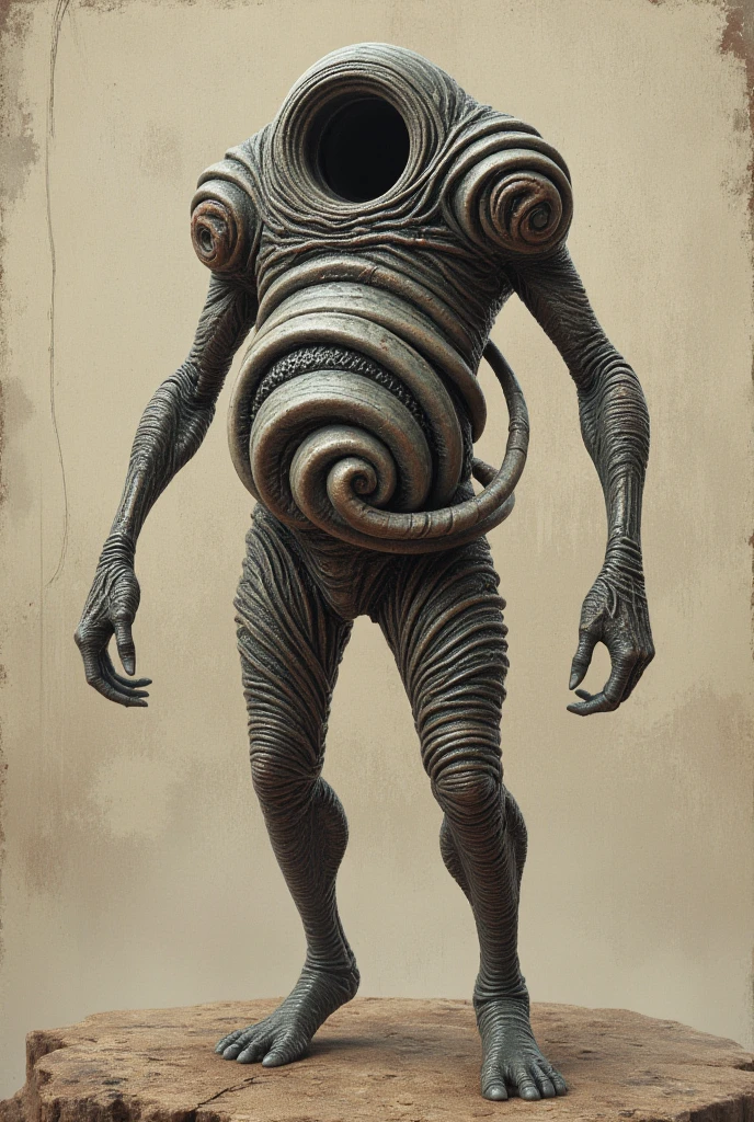  A macabro-looking humanoid ,  (((full body image))), HR Giger works,  covered in spiral patterns that seem to move slowly through his body .  like jomon design, His head is an empty whirlpool that gives the impression of being a black hole That absorbs light.  His arms are long and thin ,  ending in hands that seem to twist in spirals . His torso is deformed ,  with sections of his body that seem to roll in or out ,  as if he were constantly trapped in a state of transformation .  The details of his design are disturbing and grotesque ,  with textures that evoke twisted flesh and metal .