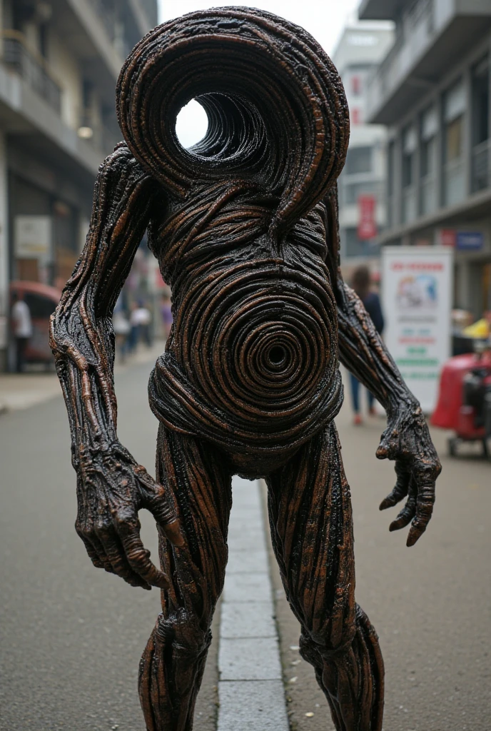  A macabro-looking humanoid ,  (((full body image))), HR Giger works,  covered in spiral patterns that seem to move slowly through his body .  like jomon design, His head is an empty whirlpool that gives the impression of being a black hole That absorbs light.  His arms are long and thin ,  ending in hands that seem to twist in spirals . His torso is deformed ,  with sections of his body that seem to roll in or out ,  as if he were constantly trapped in a state of transformation .  The details of his design are disturbing and grotesque ,  with textures that evoke twisted flesh and metal .