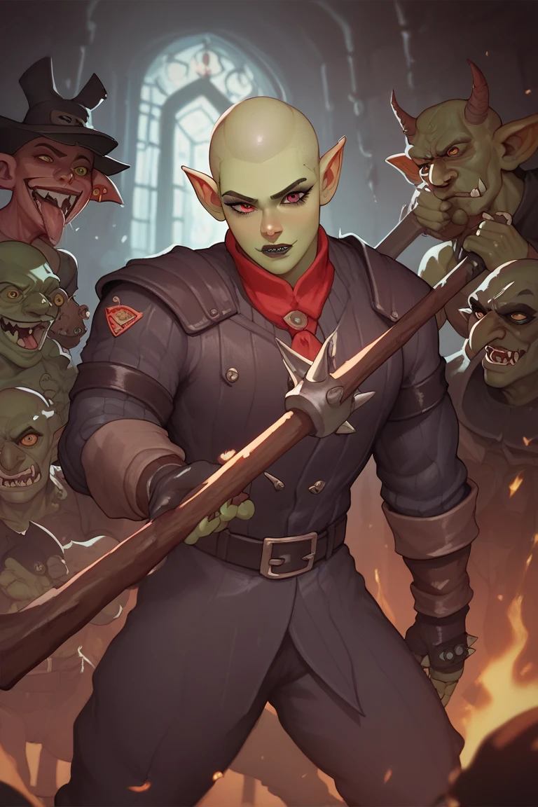  Close-up of the scary evil goblin war , dungeon dweller , goblin warrior holds a club , bald,  evil dark chilling horror movie elements,  clothing is the perfect masterpiece ,  high quality,  high definition 