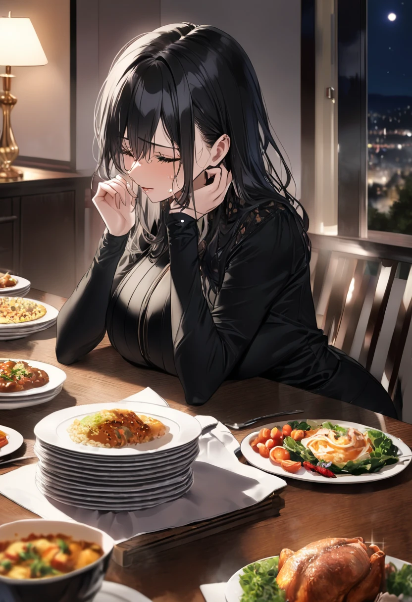 detailed illustration, dynamic angle, ultra-detailed, illustration, 1girl, late 20’s year old, dark, night, in a fancy restaurant, eating dinner at a nice table, nighttime, vampire, black dress, cleavage, red eyes, detailed eyes, long black hair, from the side, melancholy, sad, frowning, unsatisfied, depressed, well endowed, larger bust, a little drunk, noticeable cleavage