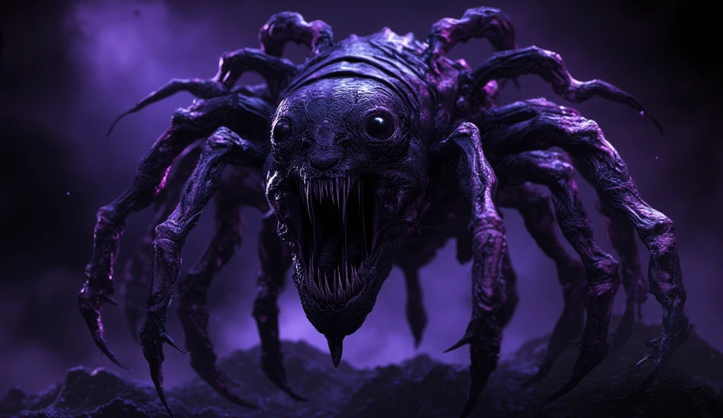 A nightmarish monster. It is black in color, resembles a centipede. She has a black hole in her mouth, hiding behind sharp teeth. The body is covered with purple veins. Dark purple lighting. It's a dark night.