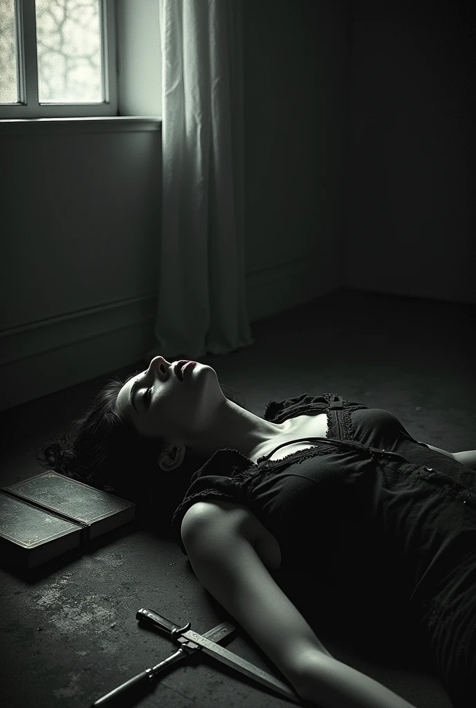 A woman lying on the floor with a broken mirror, but in the mirror there are several faces. 