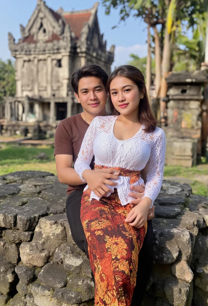 a beautiful woman, wearing white longsleeve kebaya, sitting on the rock infront of the temple as background details. Hugged by a handsome man from behind. look at the viewer, natural light realistic photography, wide angle shot,