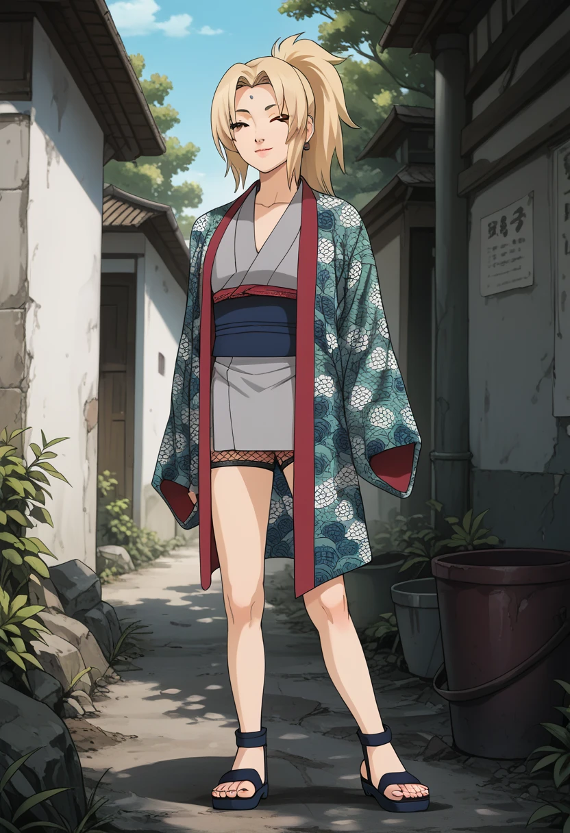 TsunadeSenju, 4k, absurd, high resolution, very high resolution, high definition, masterpiece, 1girl, solo, looking at viewer, smile, blonde hair, brown eyes, closed mouth, ponytail, outdoors, japanese clothes, kimono, tree, sash, fishnets, nature, ninja, short kimono, beautiful legs, sexy legs, perfect body, beautiful body, sandals, pussy, spread legs, konohagakure_village, dirty alley, dark_alley, young, teenager, petite, flat chest, standing, 