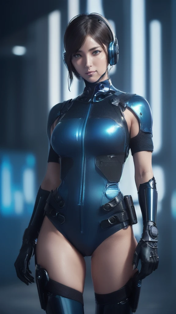 (One Woman),(((A female member of the future police force is standing))),((Shiny dark blue tactical bodysuit:1.5)),((headset:1.5)),((Tactical Holster:1.5)),(Gloves:1.5),(serious:1.5),(extra short hair:1.5),(Beautiful Eyes:1.3),(Very detailedな顔:1.5),((very detailed drawing of a woman's hand:1.5)),(((Muscular:1.5))),((Sexy Looks:1.5)),((Thick thighs:1.5)),(Beautiful body:1.5),((Very sensual:1.5)),(The background is a futuristic city:1.5),(cyberpunk atmosphere:1.5),(((Blur the background:1.5))),(Written boundary depth:1.5),break(((masterpiece:1.5),(highest quality:1.5),(Very detailed:1.5),(High resolution:1.5),(Realistic:1.5),(Realistic:1.5),(Delicate depiction),(Careful depiction))),8k,wallpaper