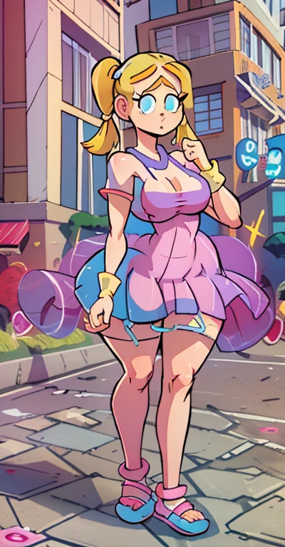 Teenage Helga Pataki from nickelodeon, yellow big pigtails, one single thick eyebrow, blue eyes, big ass, [Wide hips: 1.9] , full pink dress, alone, in the streets, small breasts, walking