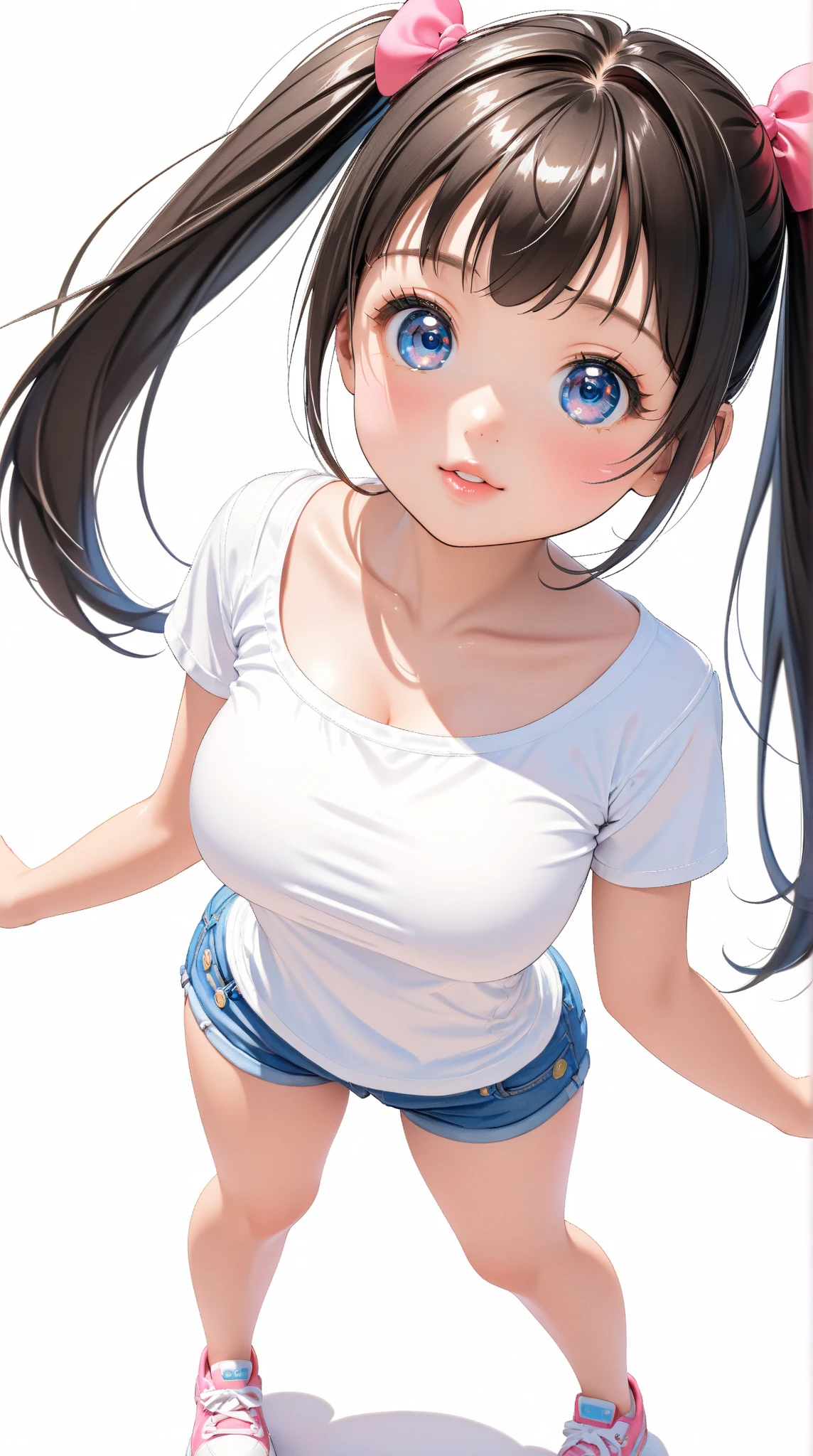 cute girl . Very kawaii , round face . alone , Slim , huge breasts , short and small . shiny skin . Pure white tube top T-shirt . shorts . dynamic poses . dynamic angle . No background , White background , looking at the audience