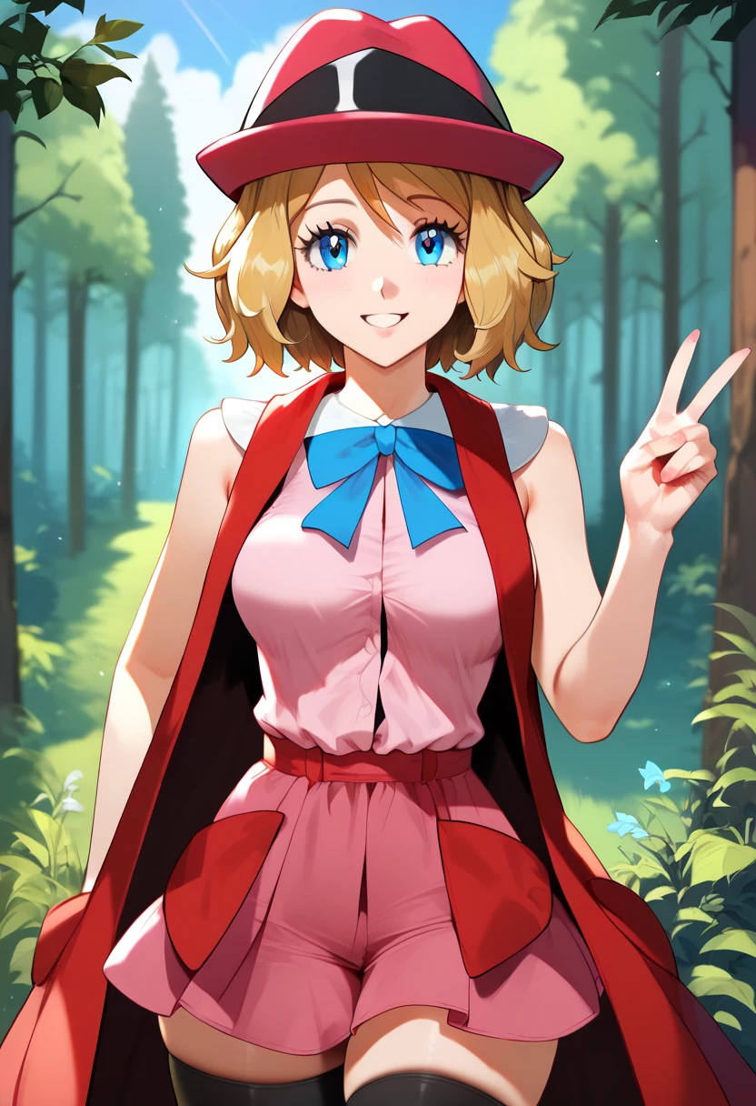 (Masterpiece, Ultra-high resolution, 8k, High Quality, Top quality, Cinematic Shadow:0.5, Beautiful Detailed Eyes, Ultra Resolution, Depth of Field, High Resolution, Masterpiece: 1.2), (Anime Art style), (cowboy shot), (upper body), (forest), 1girl, solo, serena \(pokemon\), 1girl, blue eyes, eyelashes, short hair, blonde hair, hat, neck ribbon, blue ribbon, pink shirt, sleeveless, bare arms, red jacket, pink skirt, black thighhighs, boots, beautiful breasts, smile, peace, thick thighs,