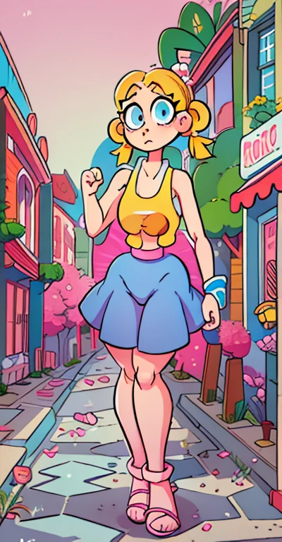 Teenage Helga Pataki from nickelodeon, yellow big pigtails, one single thick eyebrow, blue eyes, big ass, [Wide hips: 1.9] , full pink dress, alone, in the streets, small breasts, walking