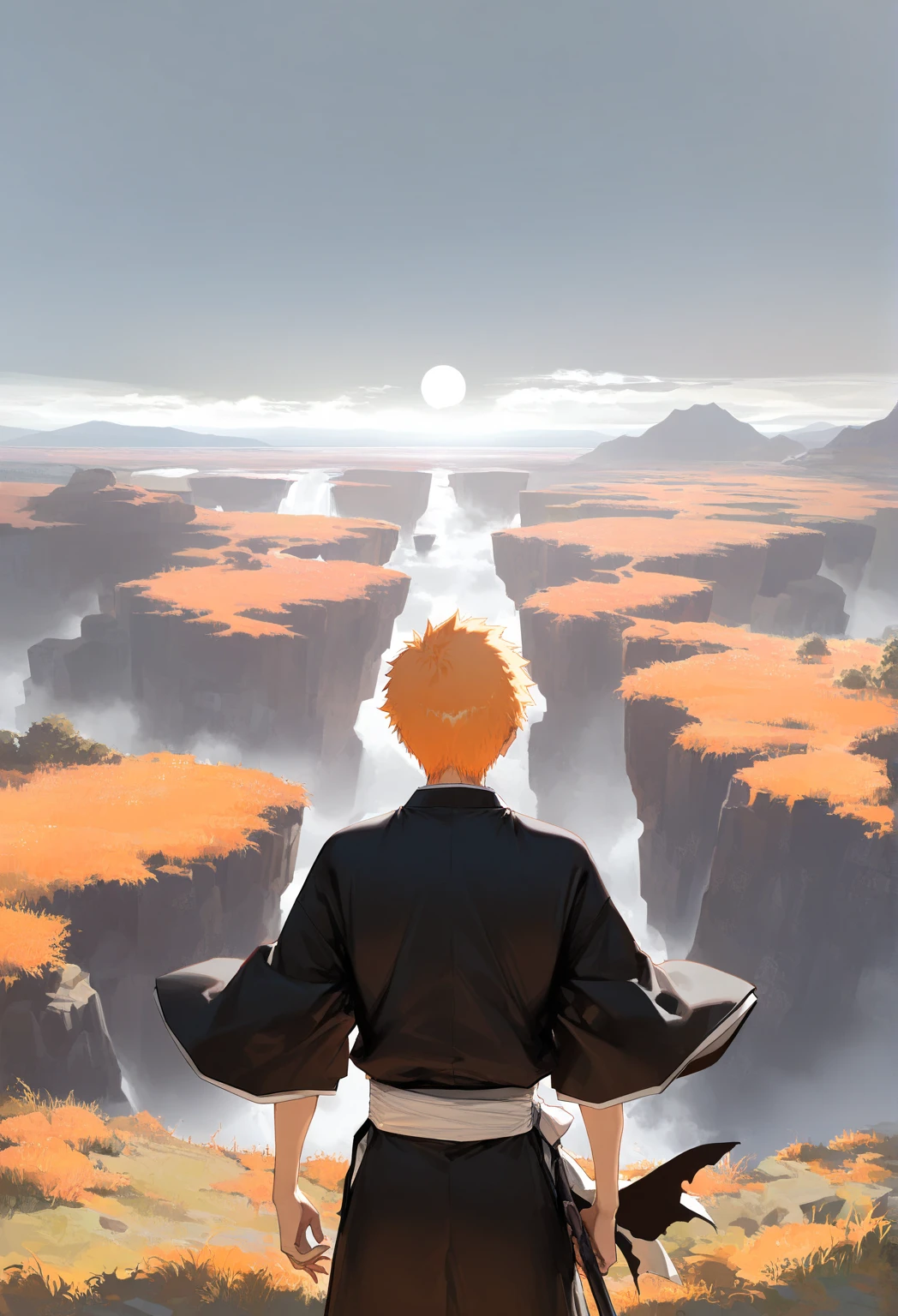 abaraya, (masterpiece, best quality, very aesthetic, absurdres, newest:1.2), masterpiece, best quality, bleach, 1boy, kurosaki_ichigo, orange hair, black kimono, from behind, xi_luo_an_ya, landscape, complex background, very aesthetic, masterpiece, best quality, very aesthetic, highres, (reddizen:0.9), (nikorashi-ka:0.1), (happoubi jin:0.3), (ask \(askzy\):0.4), (pija:0.7),(remsrar:0.3), masterpiece, best quality, newest, absurdres, highres, intricate detailed,