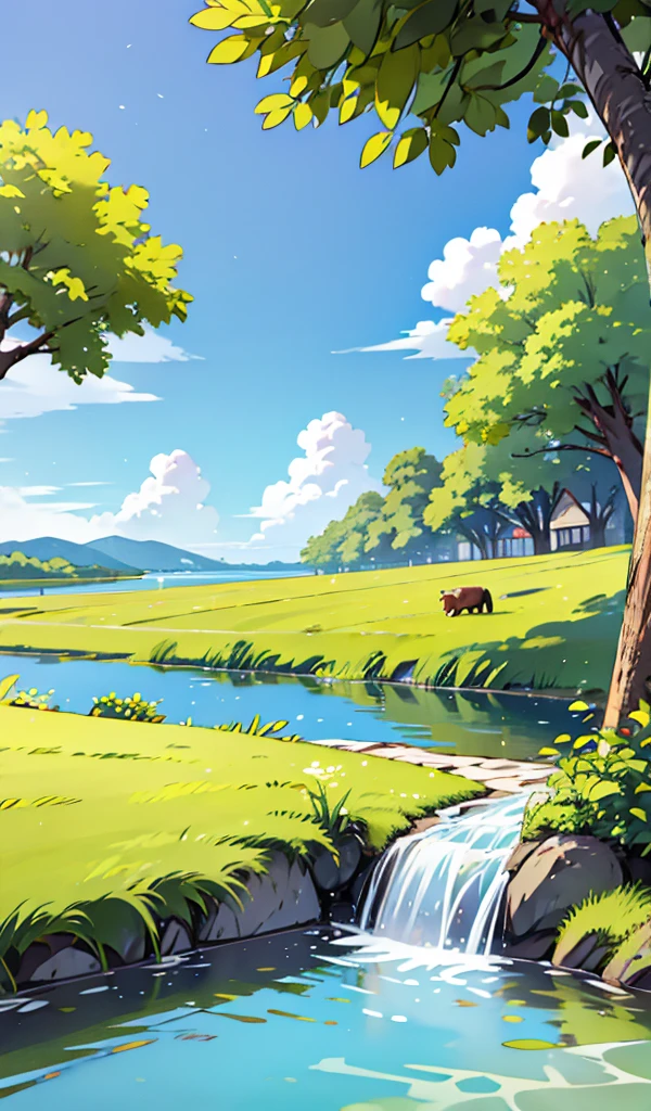 masterpiece,  anime style,  high definition ,  natural scenery , grassland,  natural scenery 画, Beautiful blue sky, cloud, Wide sky, river, scenery, No_humans,