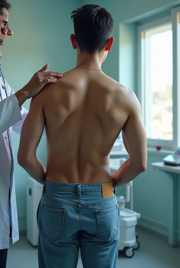 1boy、Real photo style、Photo Quality、Cute handsome man、Mash Hair、Japanese male, 、Completely naked、Full nudity、erection、Huge penis、Highest quality、Realistic、beautiful、Being examined at a hospital、An elderly doctor wearing a white coat next to him、Back view、Butt Exposed