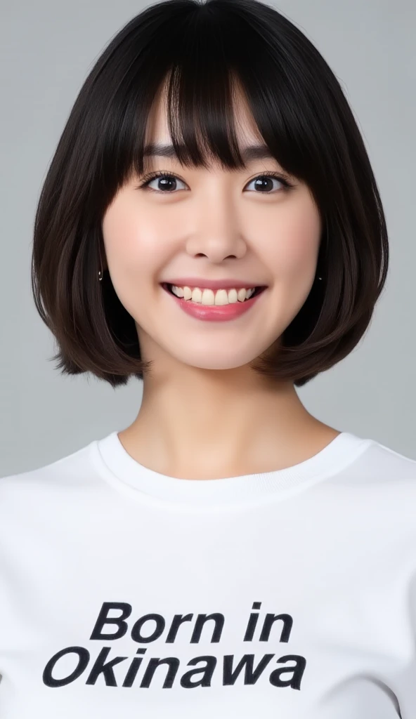 A high resolution photograph of a 36 years old Japanese actress, intricate details, solo, 1girl, an cute lady, wearing a white t-shirt printed "Born in Okinawa", (covered nipples:1.2), dark hair, bowl cut with blunt bangs, shiny detailed hair, (big smile), face focus, simple background,