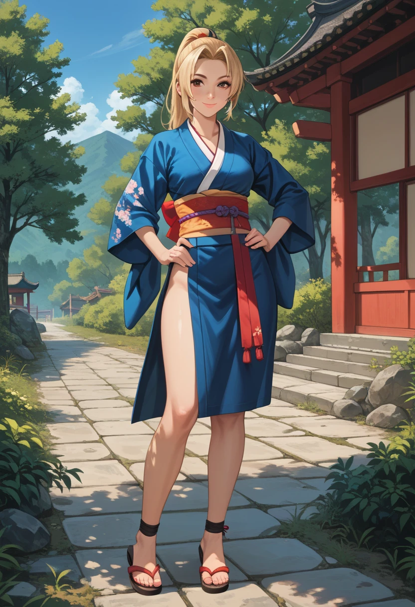 TsunadeSenju, 4k, absurd, high resolution, very high resolution, high definition, masterpiece, 1girl, solo, looking at viewer, smile, blonde hair, brown eyes, closed mouth, ponytail, outdoors, japanese clothes, day, kimono, tree, hand on hip, sash, fishnets, nature, ninja, short kimono, beautiful legs, sexy legs, perfect body, beautiful body, sandals