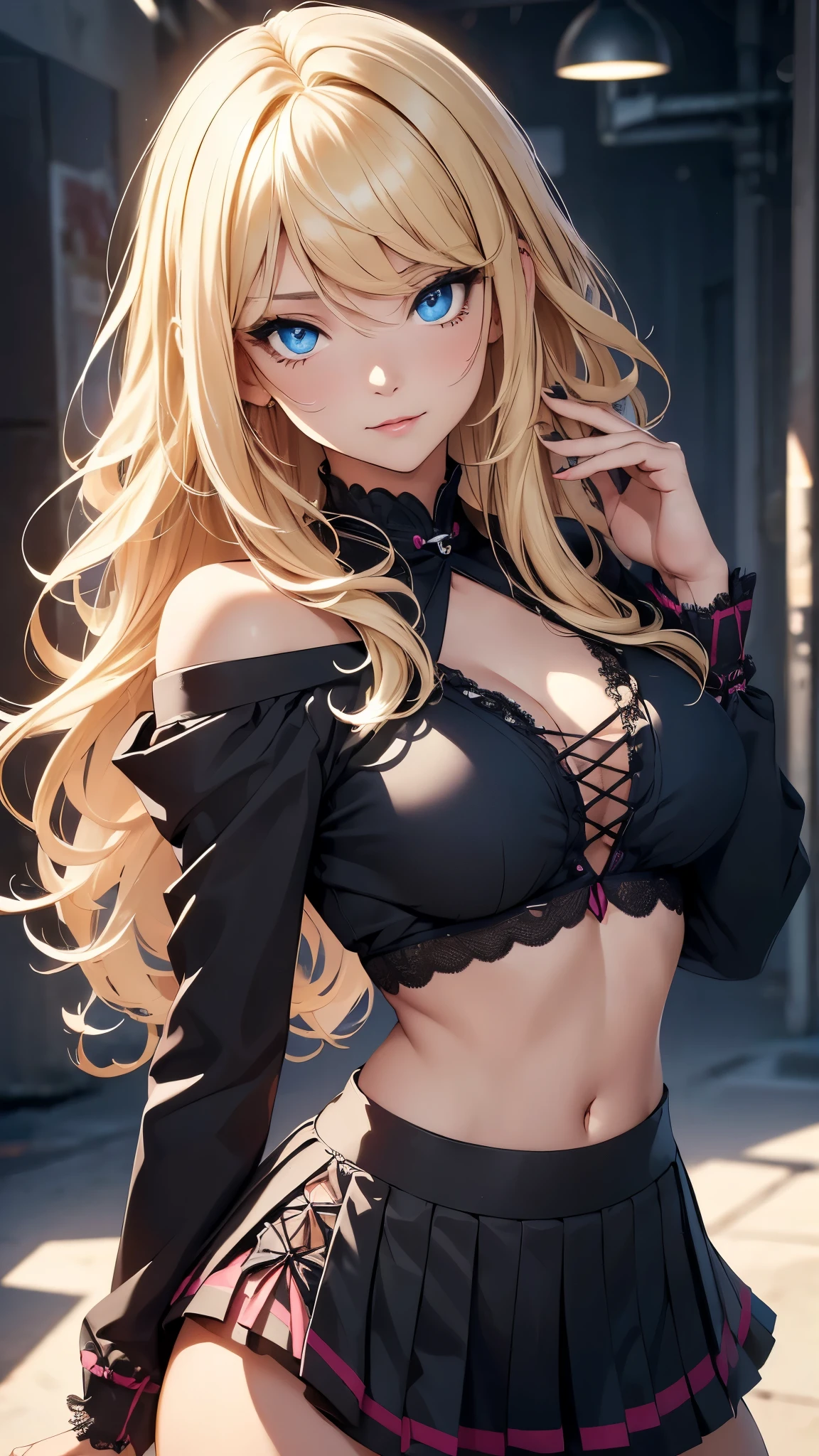 one woman, pale skin, blue eyes, eyebrows, nose, mouth, lips, ears, long blonde hair, choker, open shiny black jacket, shiny black glued bra, shiny black tights, beautiful day, on the street, floor