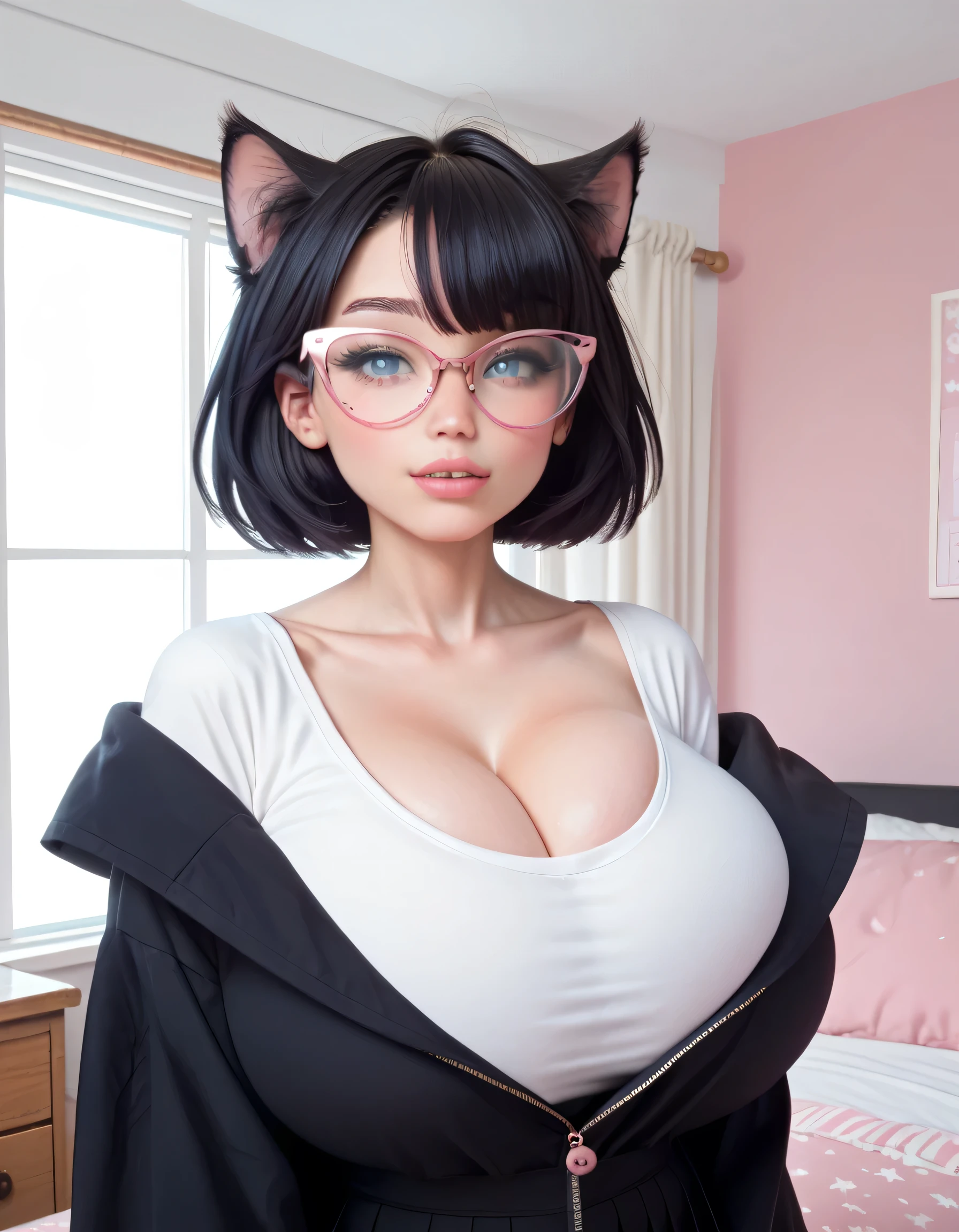 Hd, high quality, black hair, (high quality faces), adorable teenage schoolgirl, (((black oversized cat-eye glasses))), (((huge breasts))), pink and white bodysuit, expressive blue eyes, bedroom