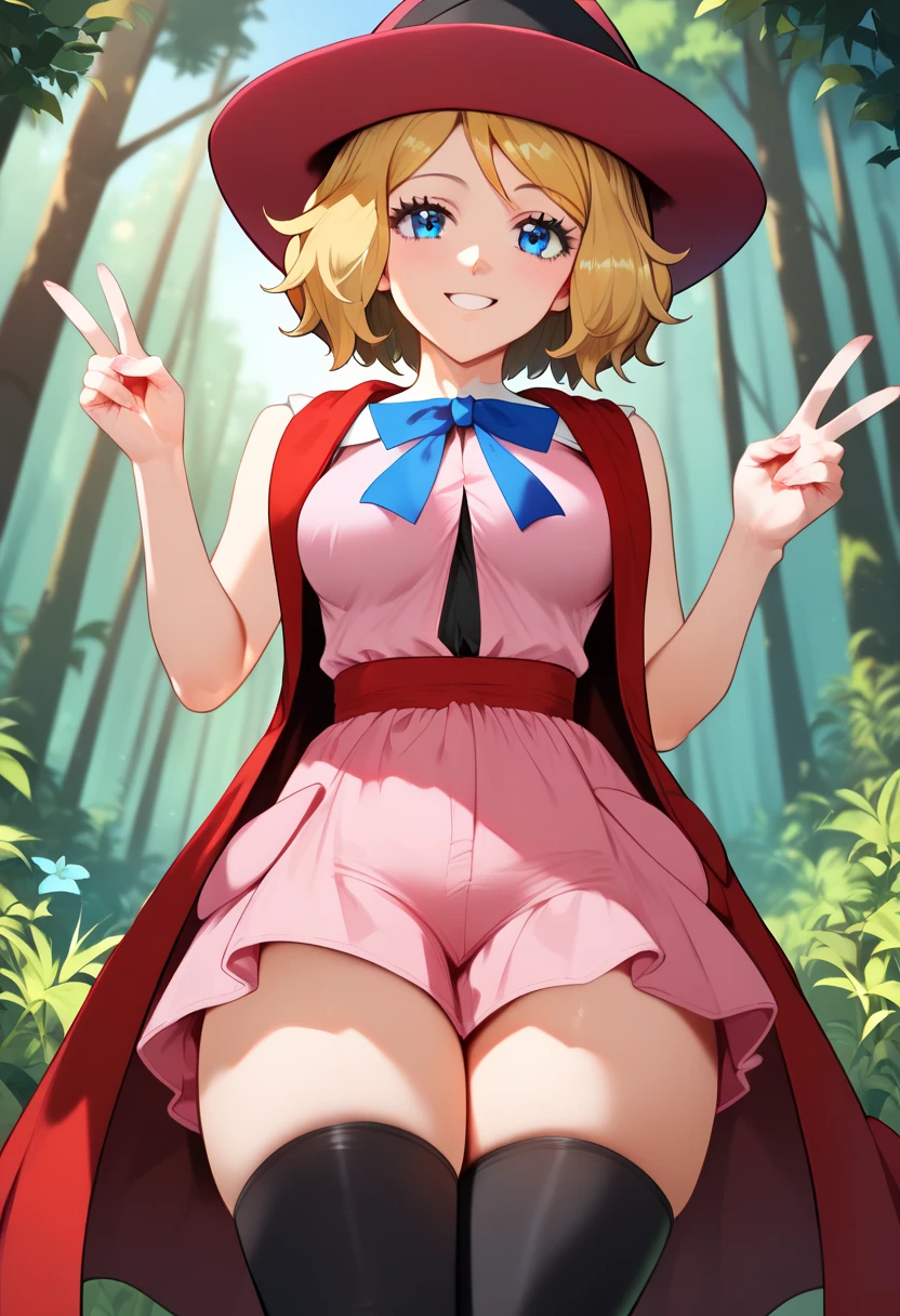 (Masterpiece, Ultra-high resolution, 8k, High Quality, Top quality, Cinematic Shadow:0.5, Beautiful Detailed Eyes, Ultra Resolution, Depth of Field, High Resolution, Masterpiece: 1.2), (Anime Art style), (cowboy shot), (upper body), (forest), 1girl, solo, serena \(pokemon\), 1girl, blue eyes, eyelashes, short hair, blonde hair, hat, neck ribbon, blue ribbon, pink shirt, sleeveless, bare arms, red jacket, pink skirt, black thighhighs, boots, beautiful breasts, smile, peace, thick thighs, from below, legs close together