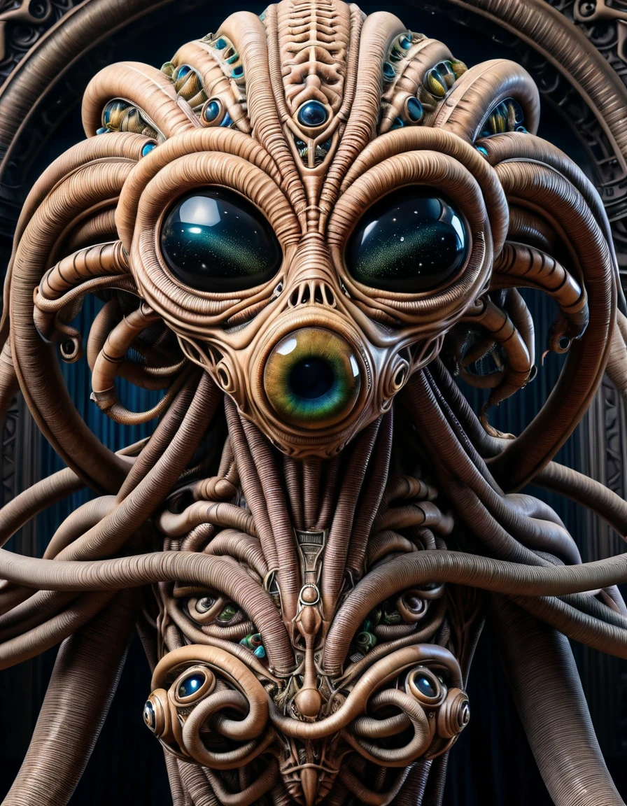 full body shot,hyper realistic photograph of a bizarre biomorphic alien creature with a huge transparent forehead revealing the luminous alien brain structure, extremely clear glowing eyes, by HR Giger,
Petros Afshar and John Atkinson Grimshaw, (intricate , iconic , masterful:1.4), full body shot, poster art, bold lines, hyper detailed, expressive, award winning, dark limited color palette, high contrast, depth of field, (intricate details, masterpiece, best quality:1.4), spot lighting, looking at viewer, dynamic pose, wide angle view ral-watrho